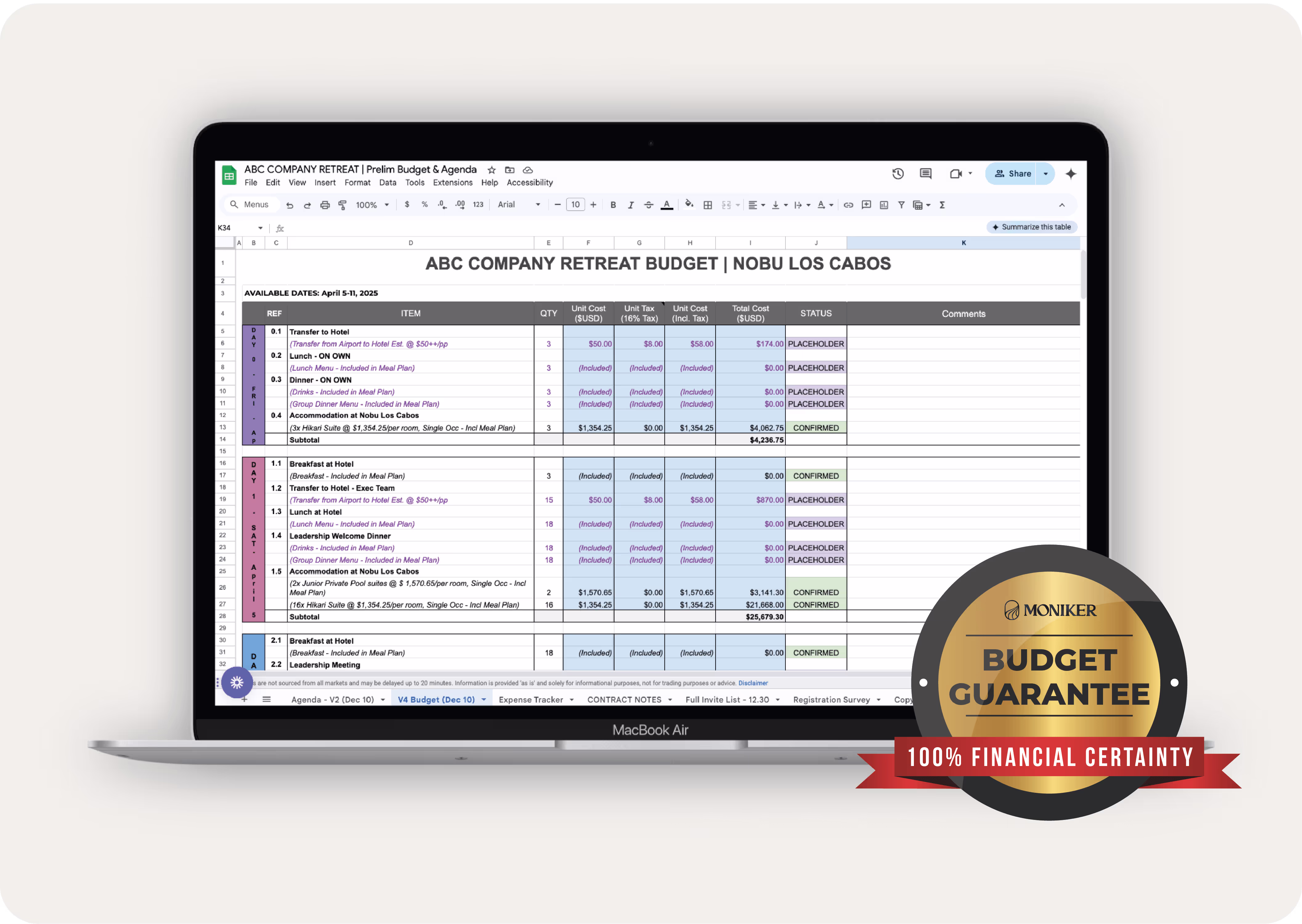 ABC Company retreat budget spreadsheet on MacBook Air with budget guarantee
